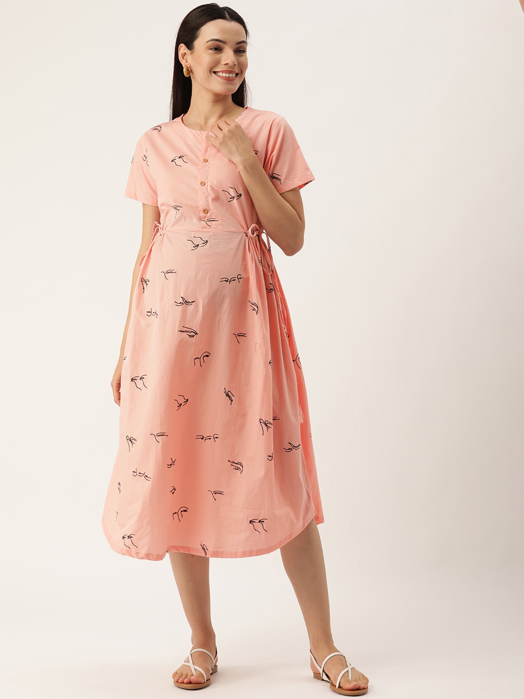 

Nejo Women Peach-Coloured Conversational Printed Pure Cotton Maternity A-Line Midi Dress