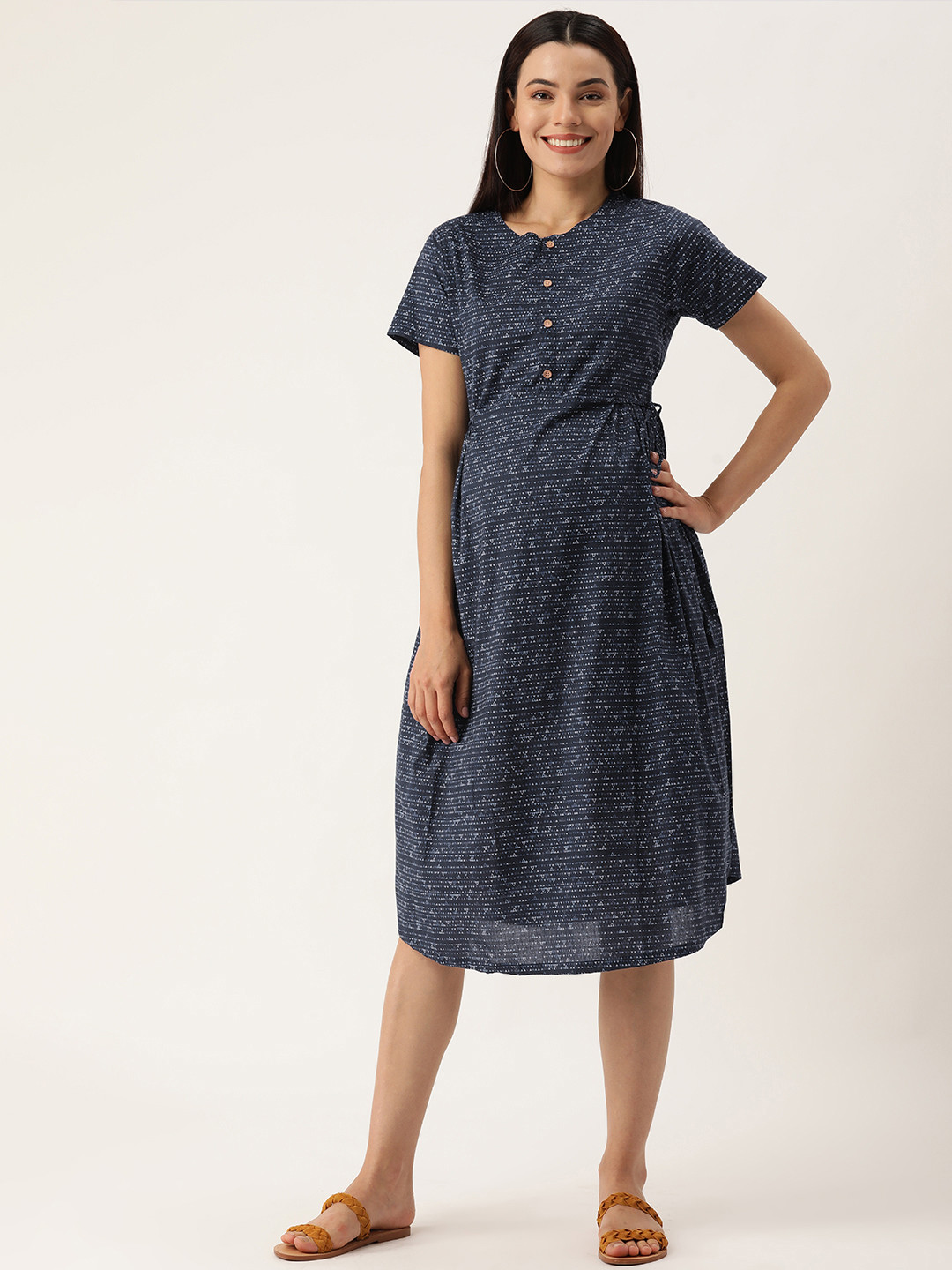 

Nejo Women Navy Blue Geometric Printed Pure Cotton Maternity A-Line Dress