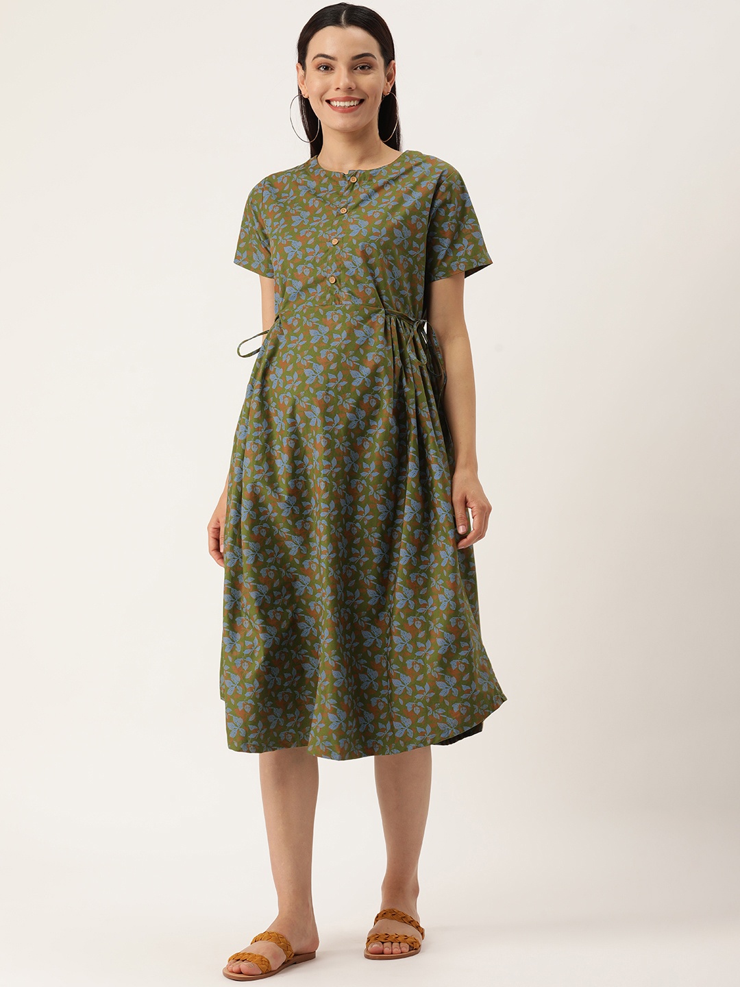 

Nejo Women Olive Green & Blue Floral Printed Pure Cotton Maternity A-Line Dress