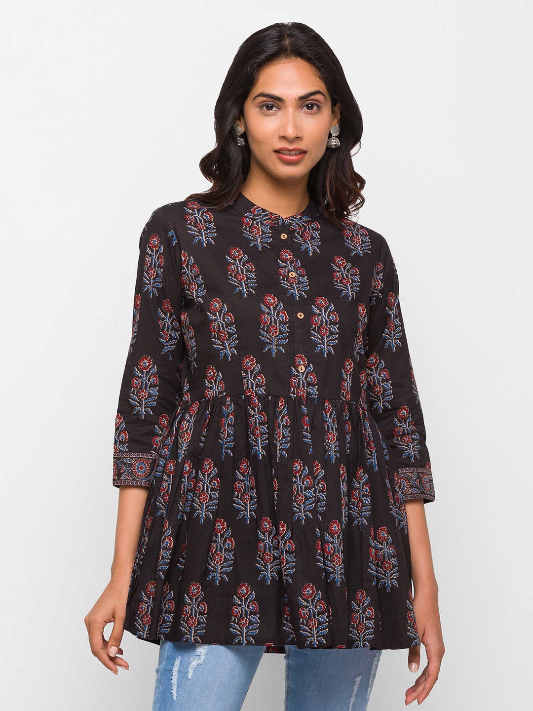 

ZOLA Black & Blue Mandarin Collar Printed Tunic