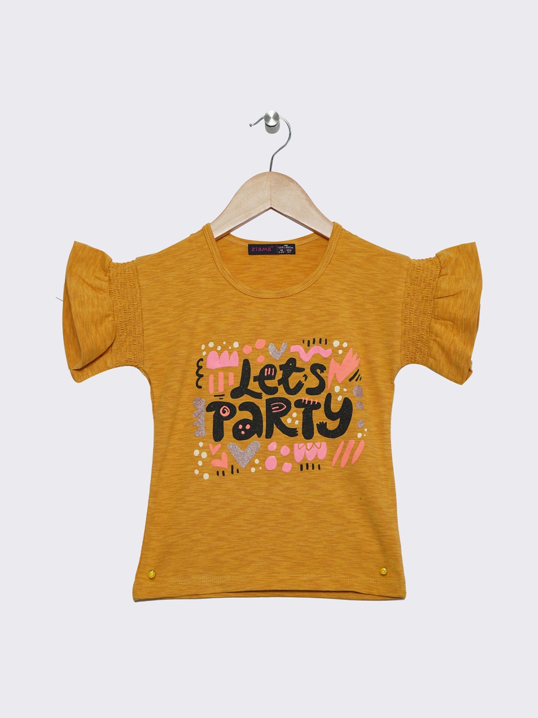 

Ziama Girls Mustard Yellow Typography Printed Bell Sleeves Top