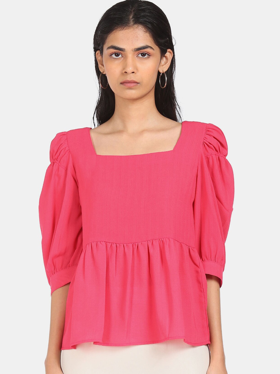 

SHFFL Pink Square Neck Solid Peplum Top