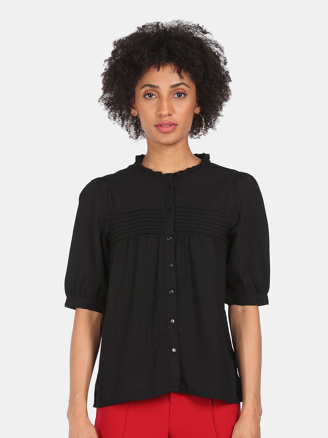 

SHFFL Women Black Mandarin Collar Shirt Style Top