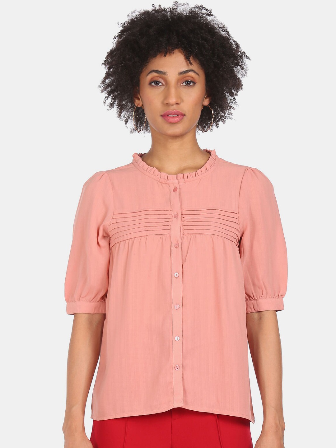 

SHFFL Women Pink Mandarin Collar Shirt Style Top