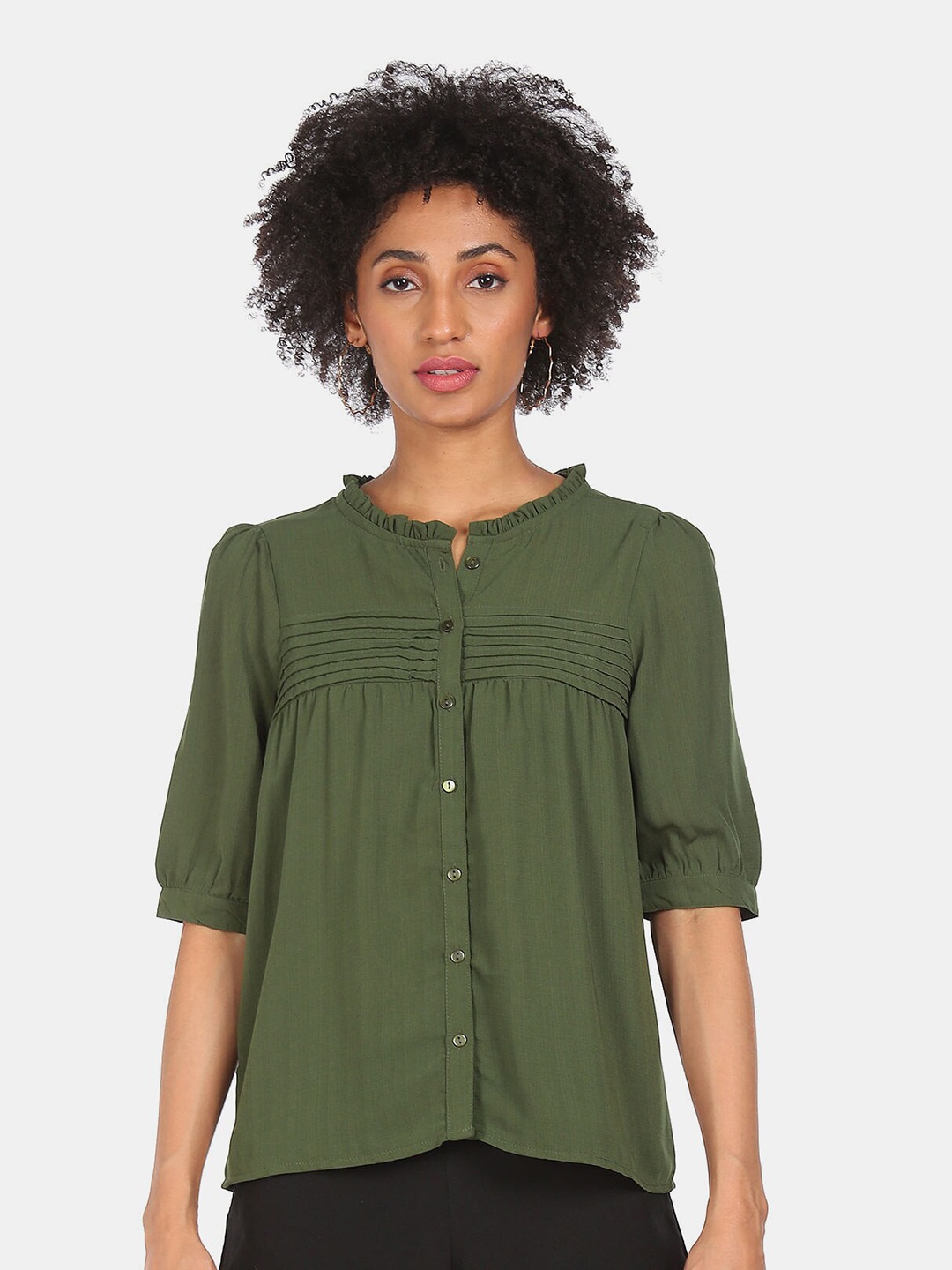 

SHFFL Olive Green Mandarin Collar Shirt Style Top