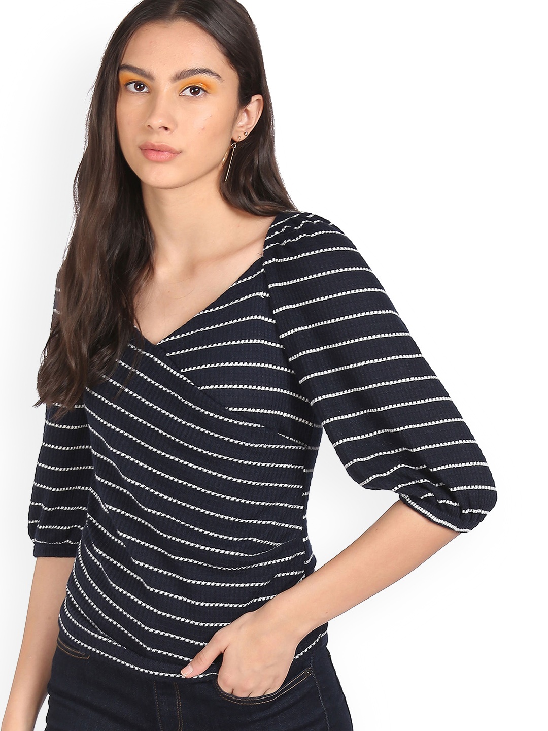 

Sugr Navy Blue & White Striped Wrap Knit Top