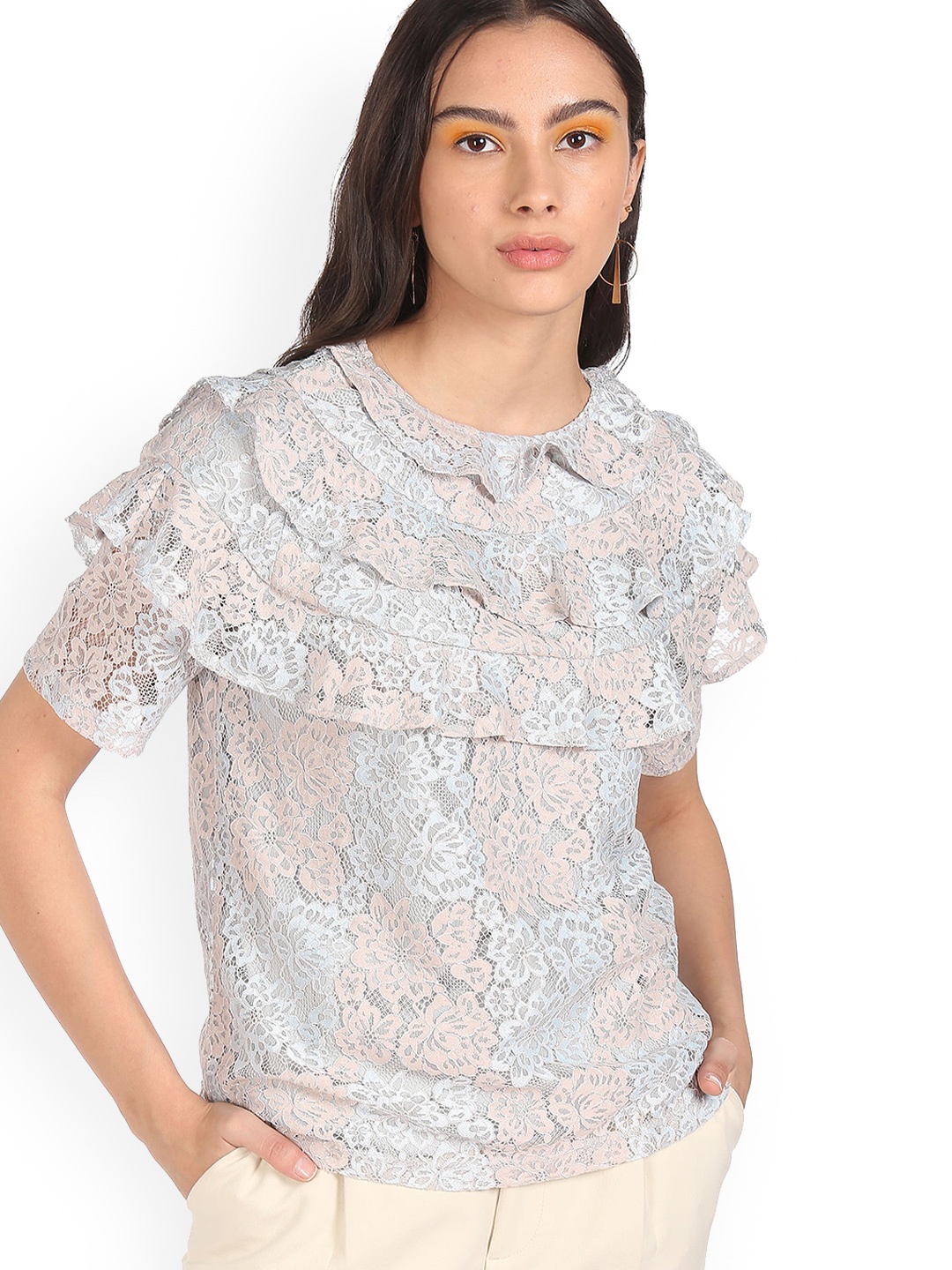 

Sugr Women Beige & Blue Floral Self Design Lace Top
