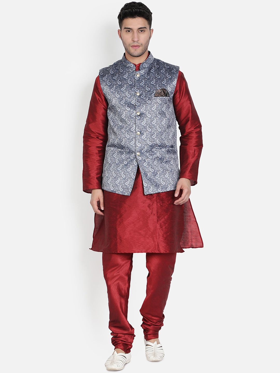 

Armaan Ethnic Men Maroon Dupion Silk Kurta with Pyjamas & Nehru Coat