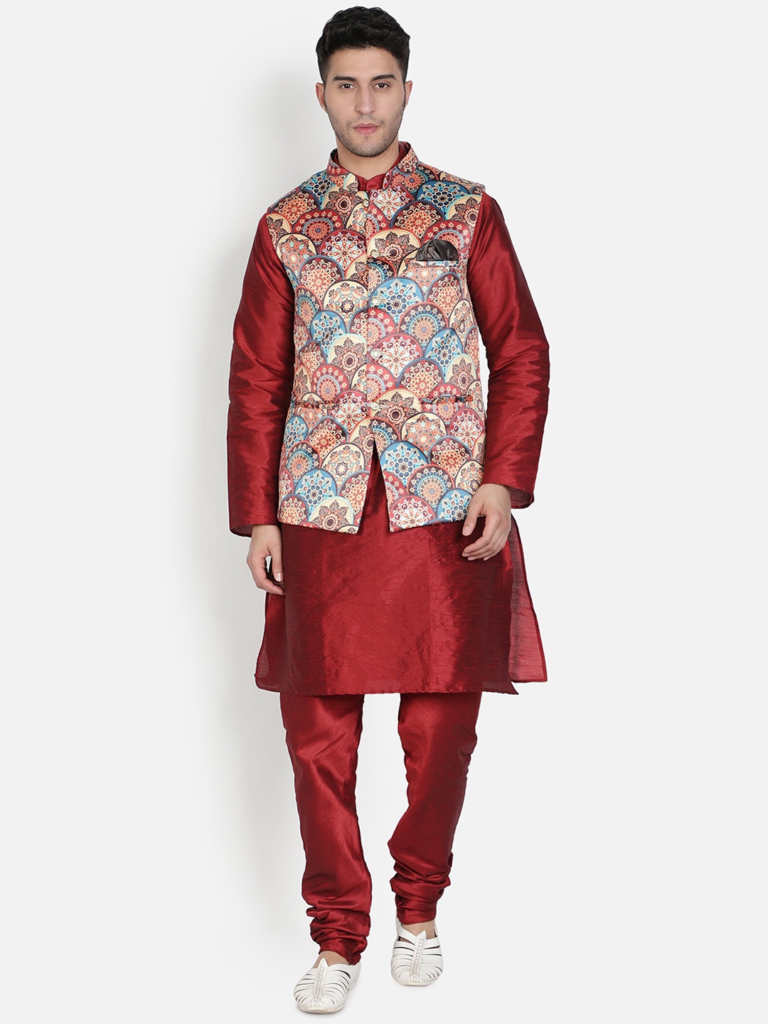 

Armaan Ethnic Men Maroon & Blue Dupion Silk Kurta with Churidar