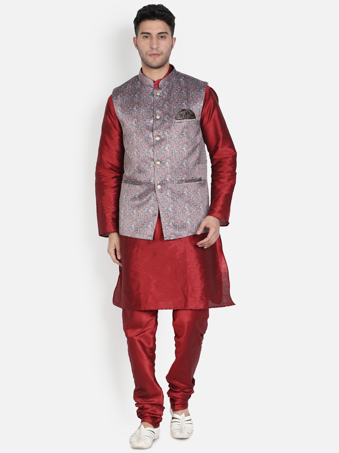 

Armaan Ethnic Men Maroon & Grey Layered Dupion Silk Kurta with Pyjamas & Nehru Coat