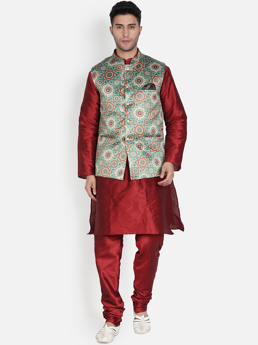 

Armaan Ethnic Men Maroon Dupion Silk Kurta with Churidar & Nehru Jacket