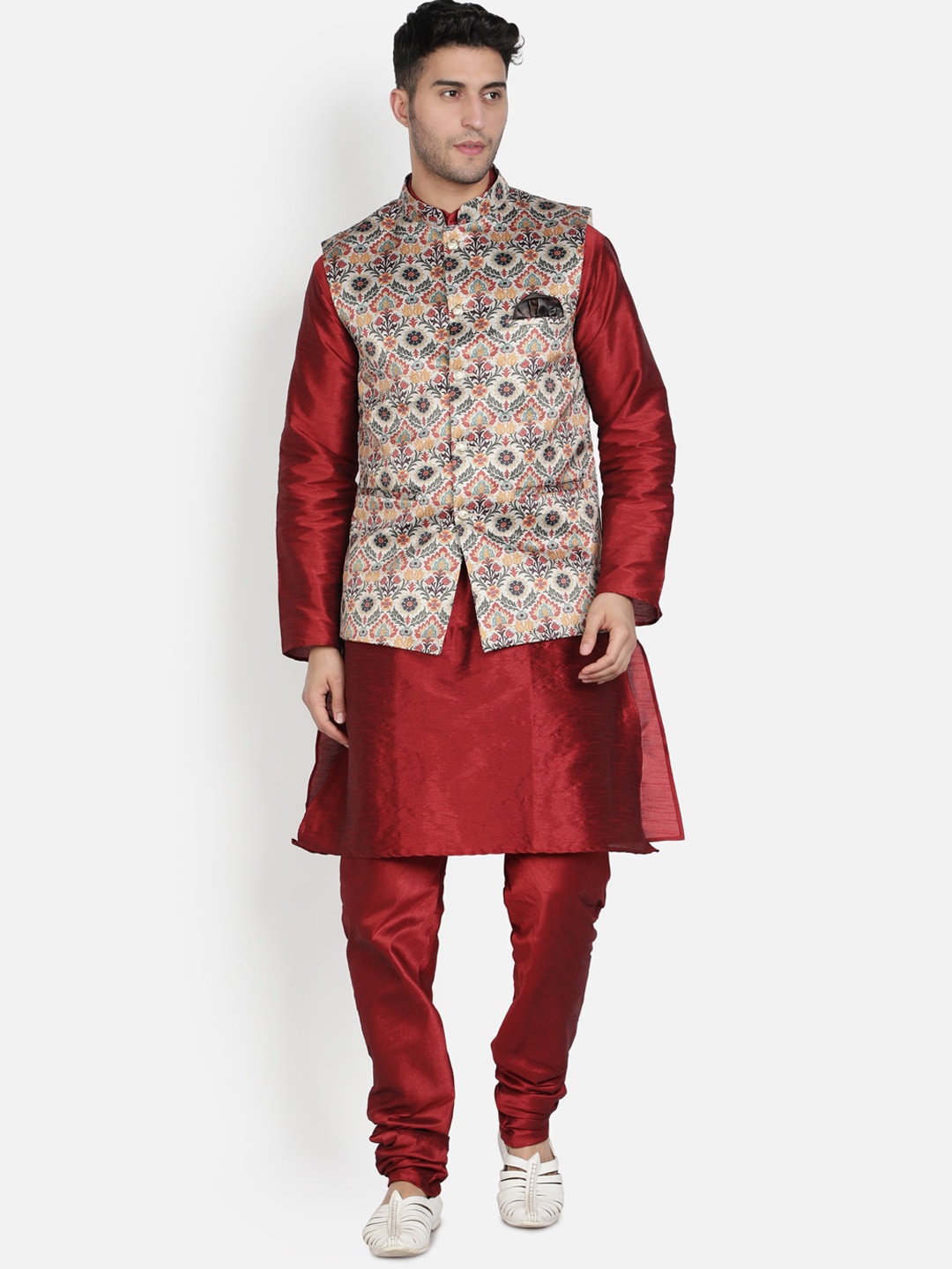 

Armaan Ethnic Men Maroon Dupion Silk Kurta with Pyjamas & Nehru Jacket