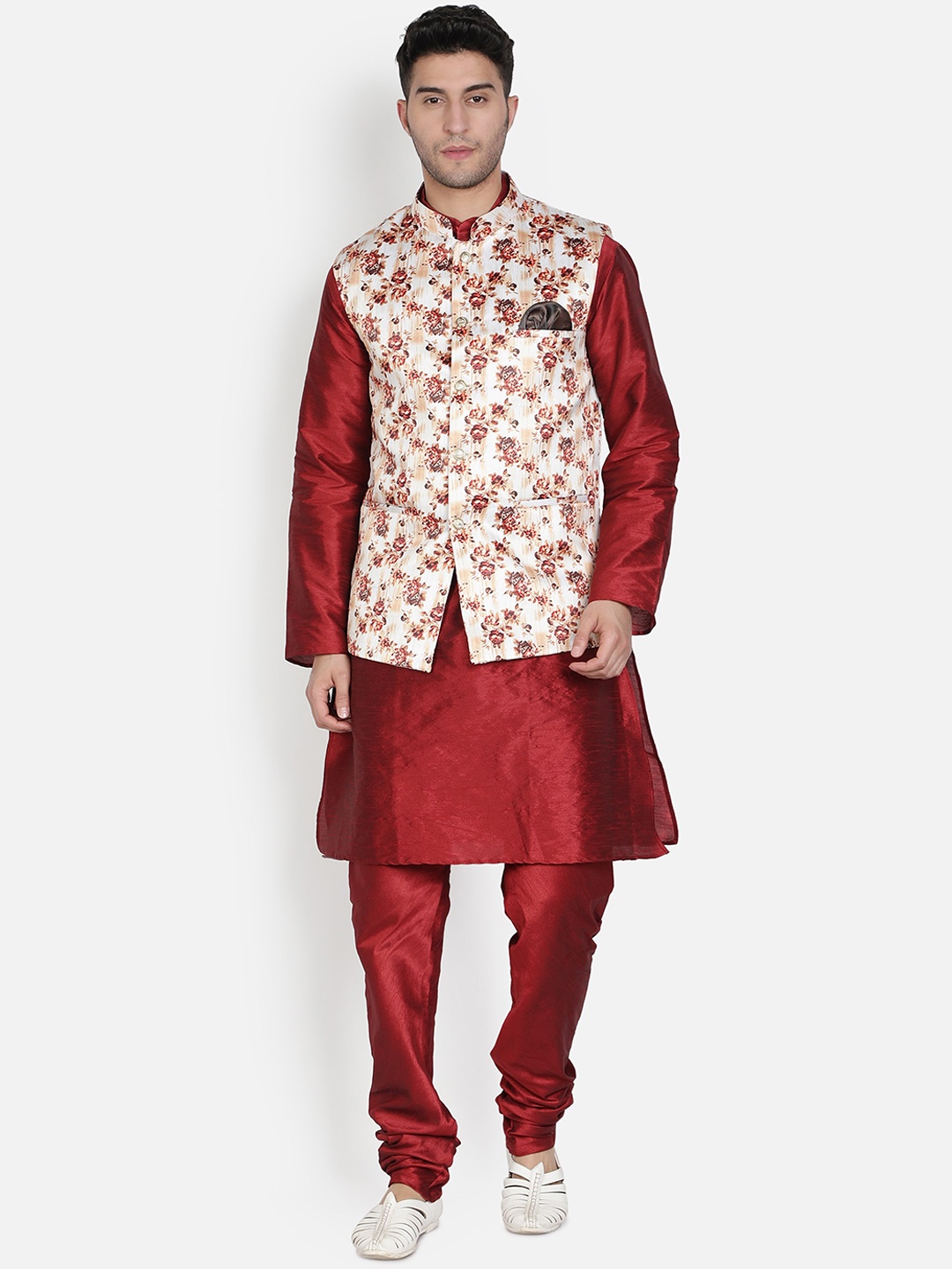 

Armaan Ethnic Men Maroon Dupion Silk Kurta with Pyjama & With Printed Nehru Jacket