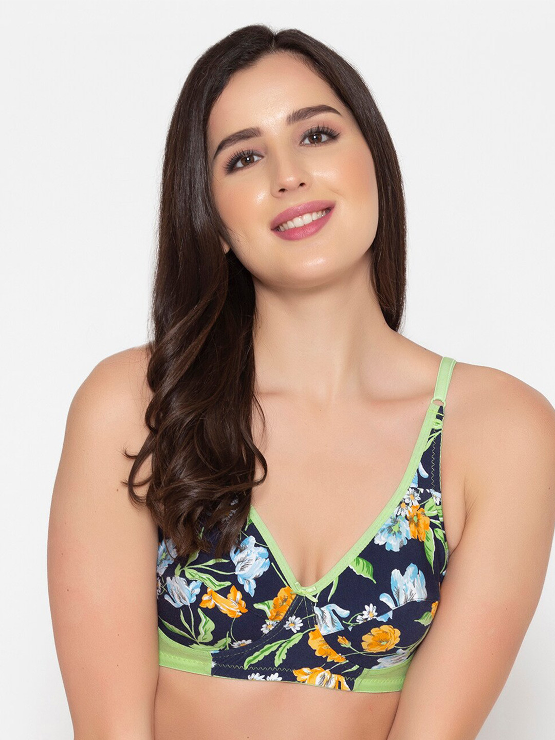 

Clovia Navy Blue & Green Floral Printed Cotton Non Padded Bra