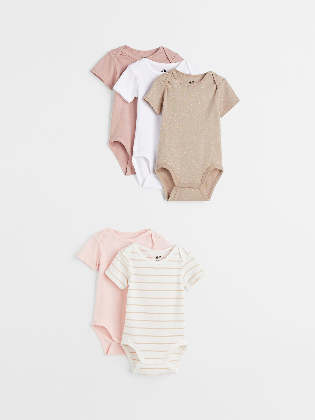 

H&M Girls Pack of 5 Printed Cotton Short-Sleeved Bodysuits, Beige