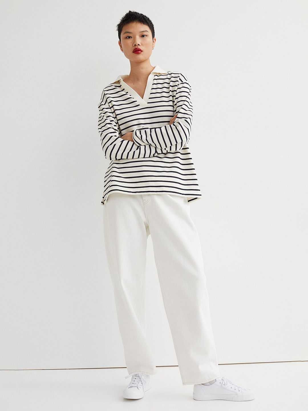 

H&M Women Black & White Striped Collared Sweatshirt