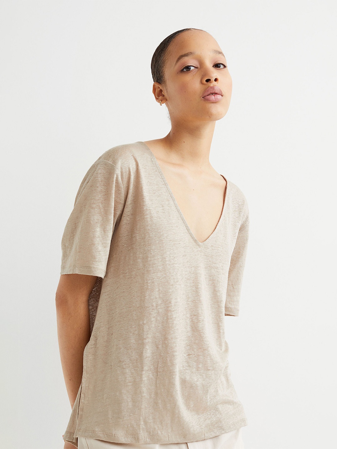 

H&M Women Beige Linen Jersey T-shirt