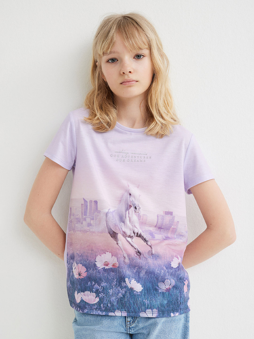 

H&M Girls Purple & Blue Floral Printed T-shirt
