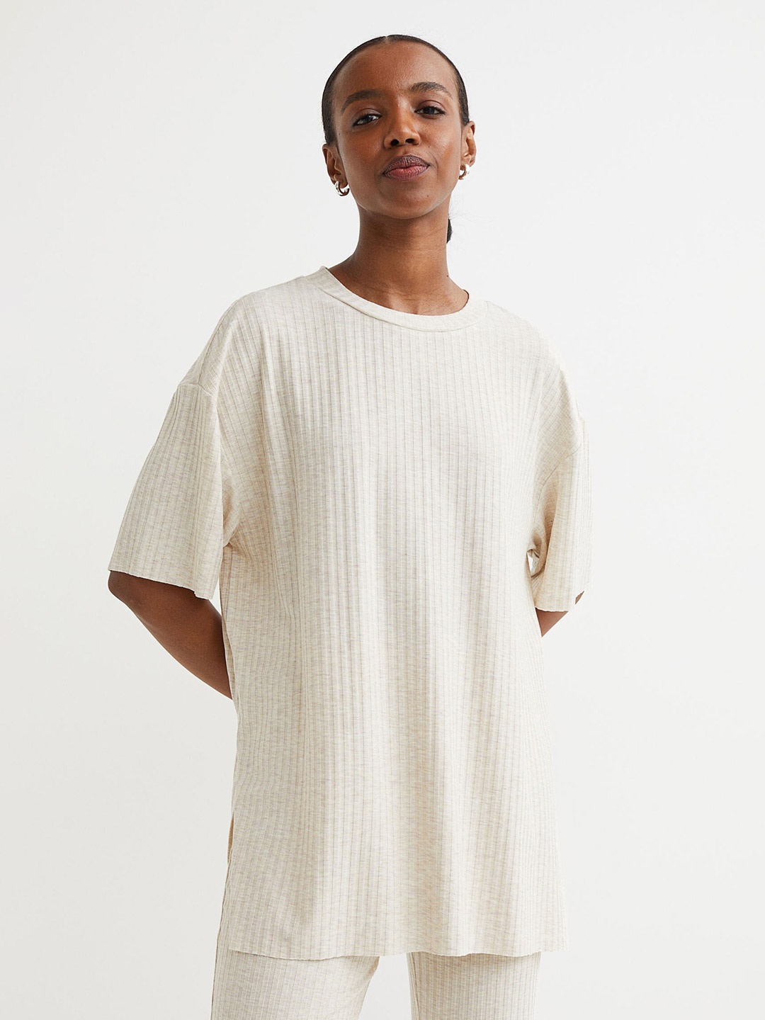 

H&M Women Beige Ribbed T-shirt