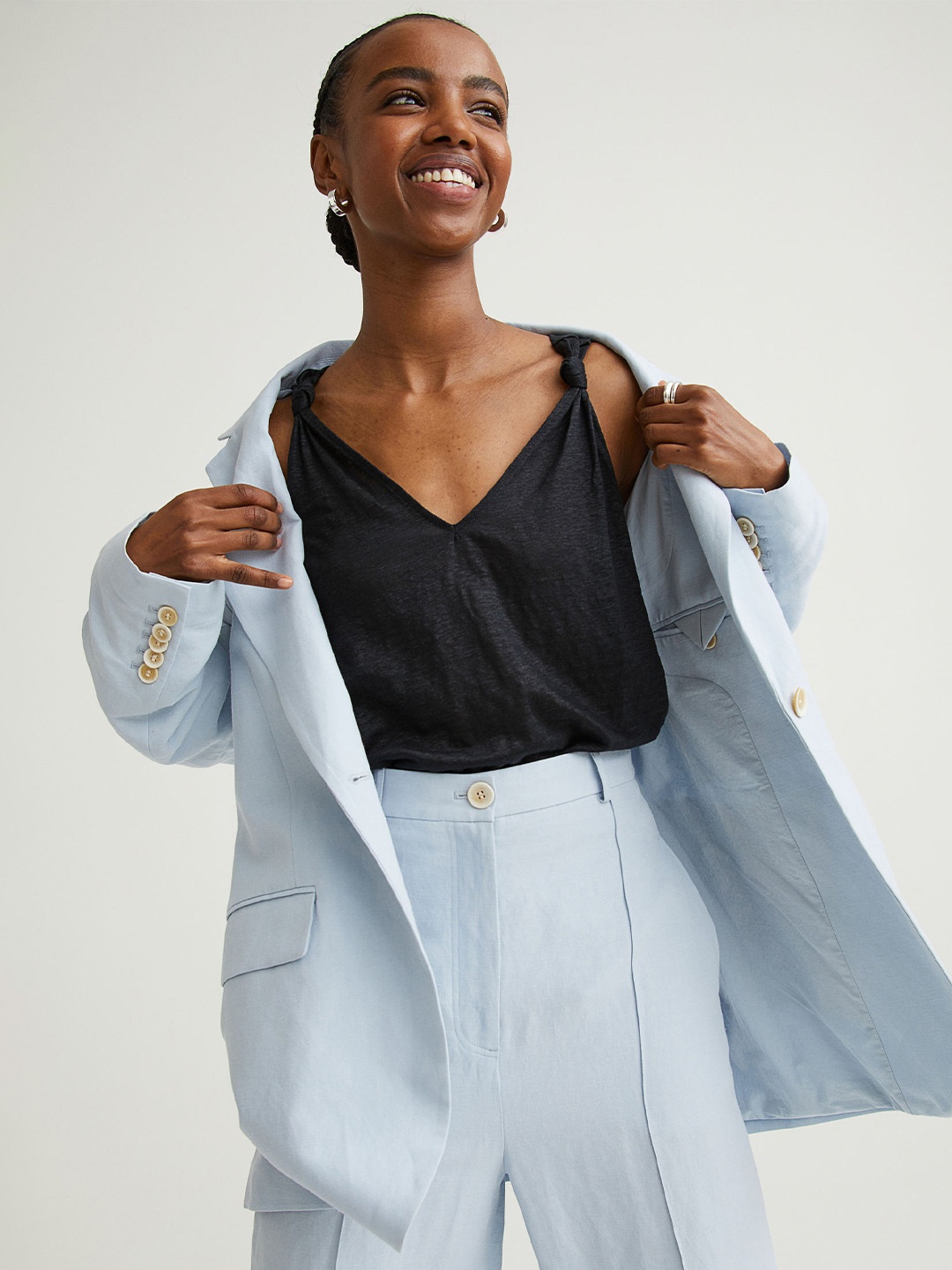

H&M Women Black Linen V-neck Top