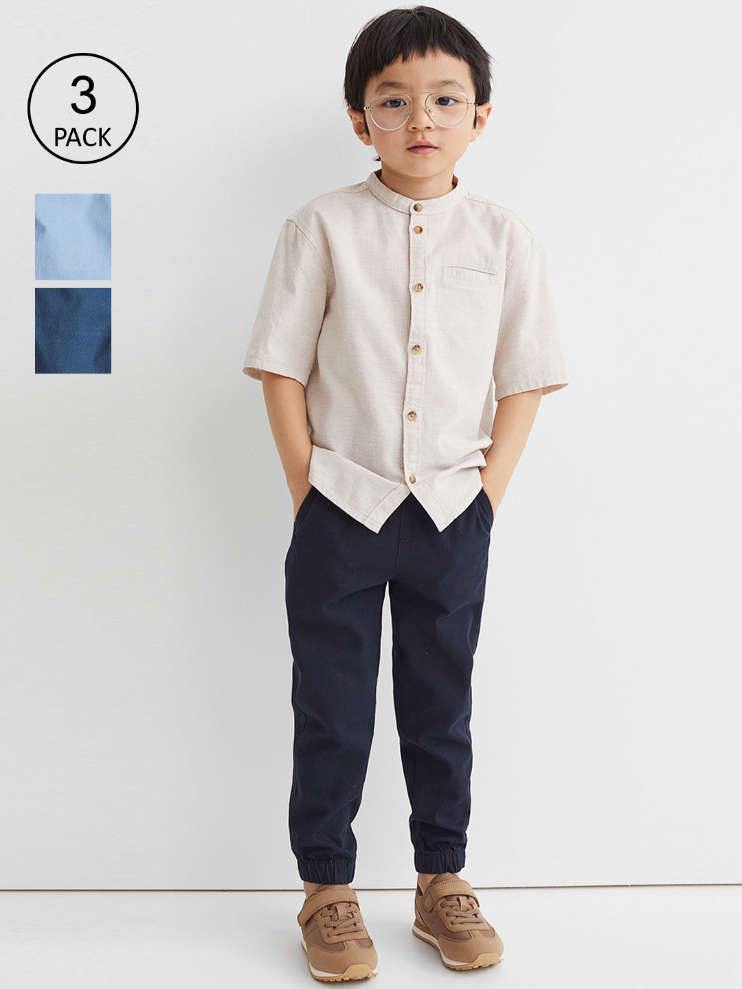 

H&M Boys Pack Of 3 Solid Pure Cotton Twill Joggers, Blue