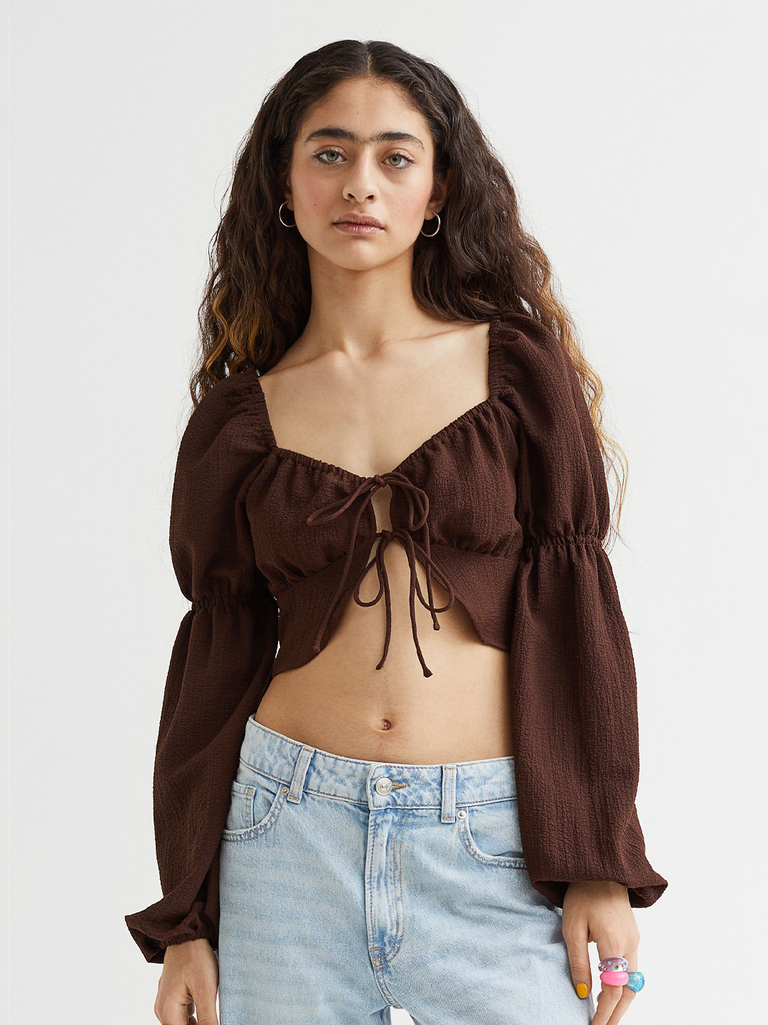 

H&M Women Brown Tie-Front Long-Sleeved Blouse