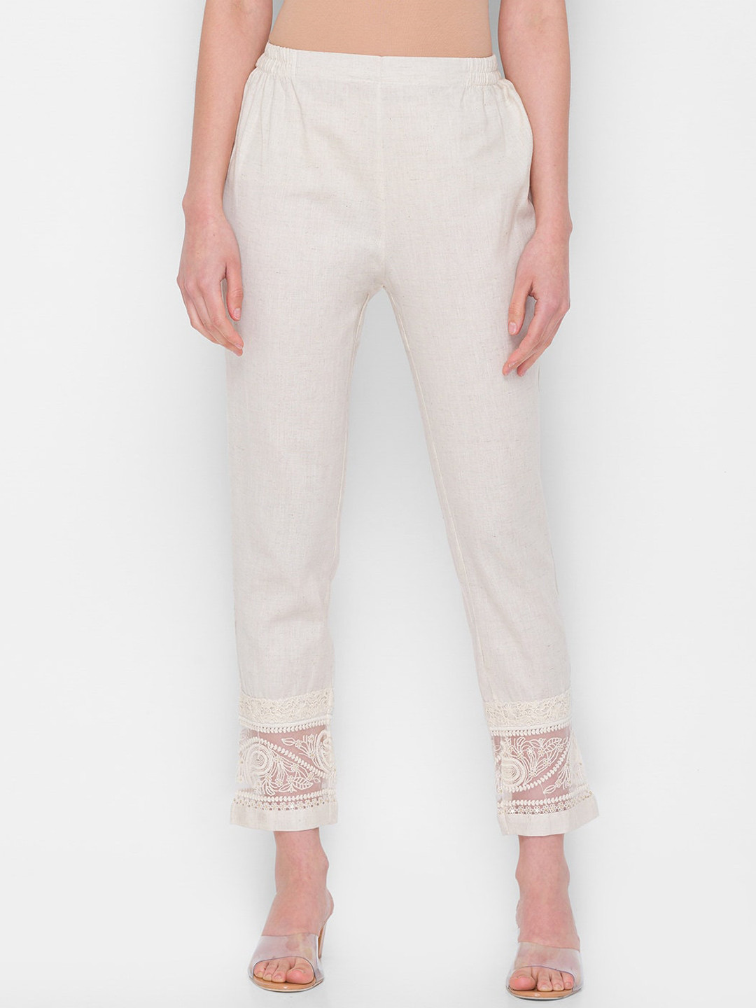 

ZOLA Women Cream-Coloured Embroidered Tapered Fit Lightweight Cotton Pleated Trousers