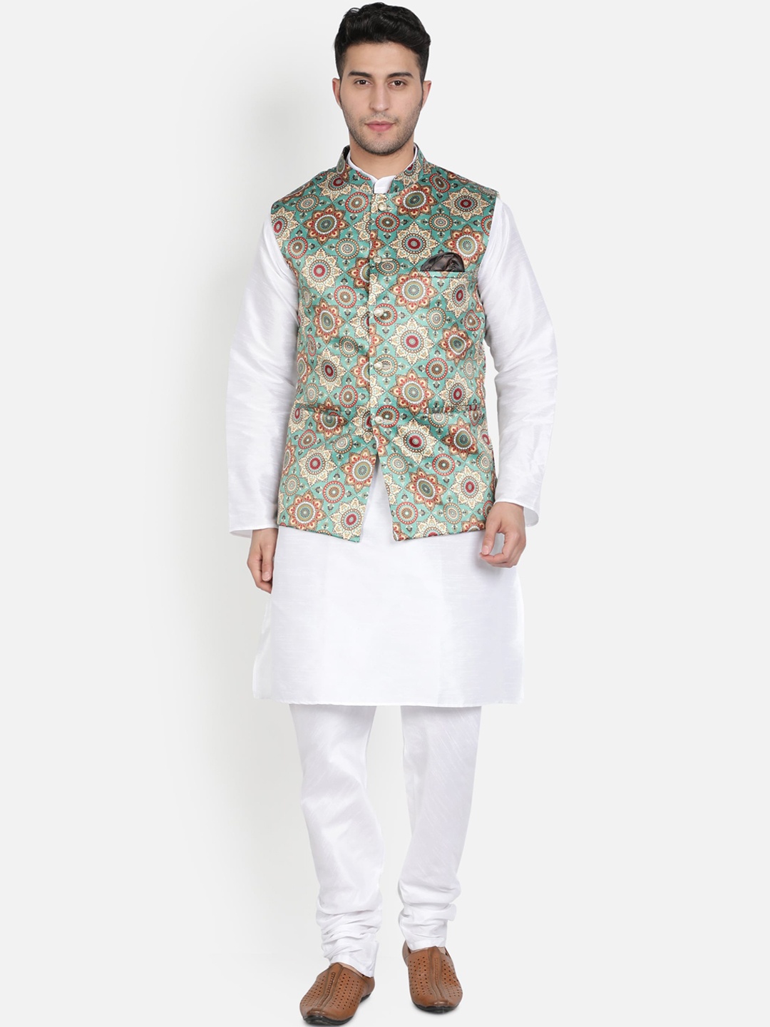 

Armaan Ethnic Men White & Green Solid Kurta with Churidar & Nehru Jacket