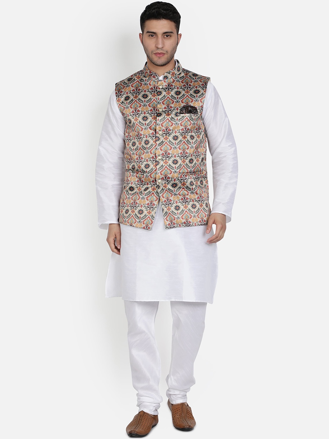 

Armaan Ethnic Men White Solid Kurta with Churidar & Nehru Jacket