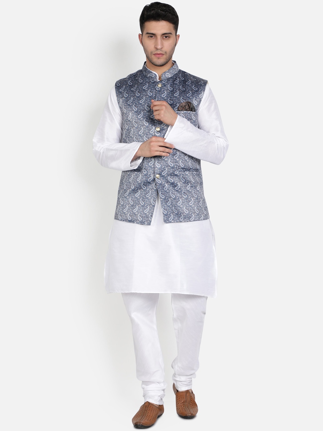 

Armaan Ethnic Men White & Blue Solid Kurta with Churidar & Nehru Jacket