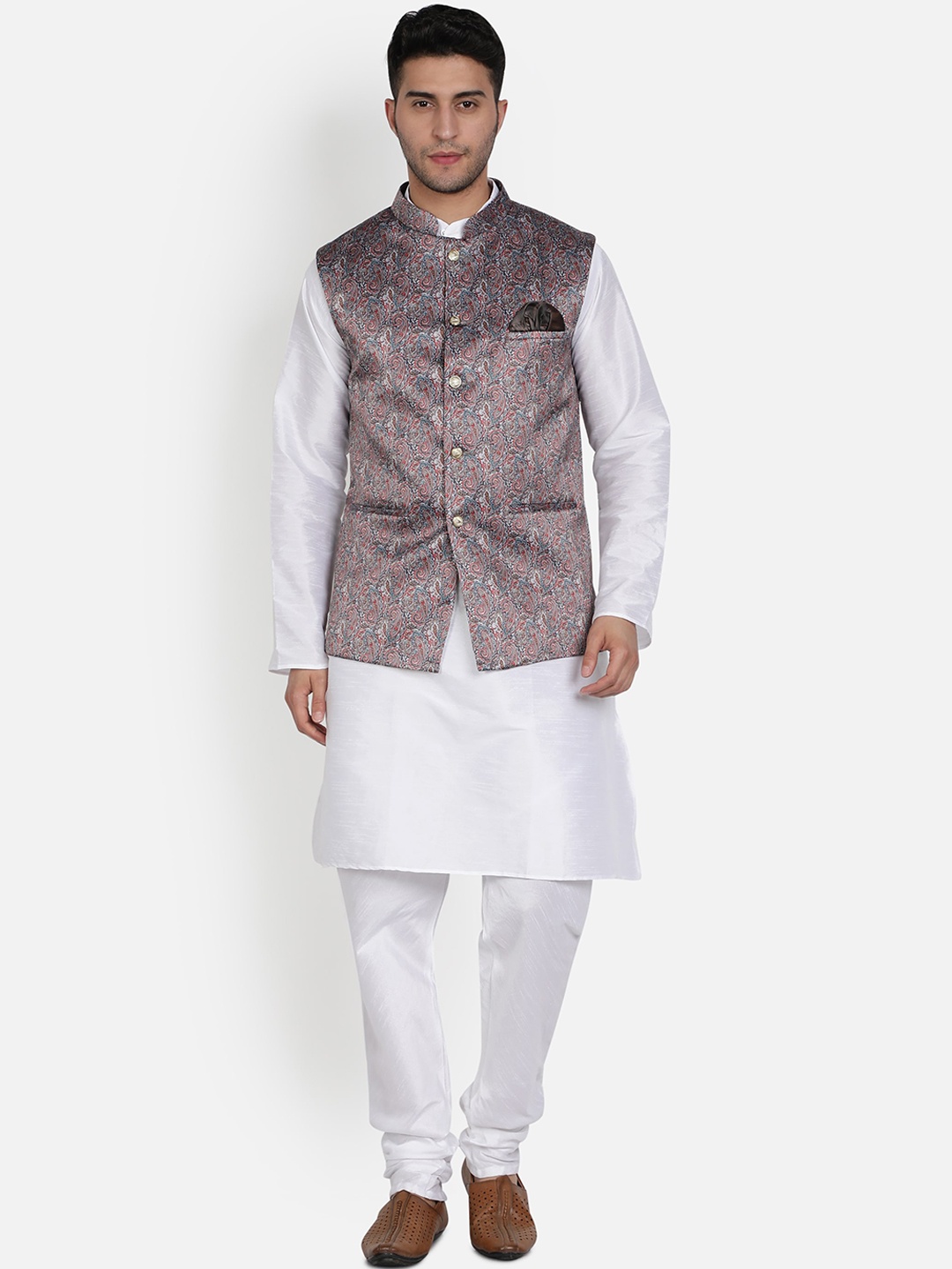

Armaan Ethnic Men White Solid Kurta with Churidar & Nehru Jacket