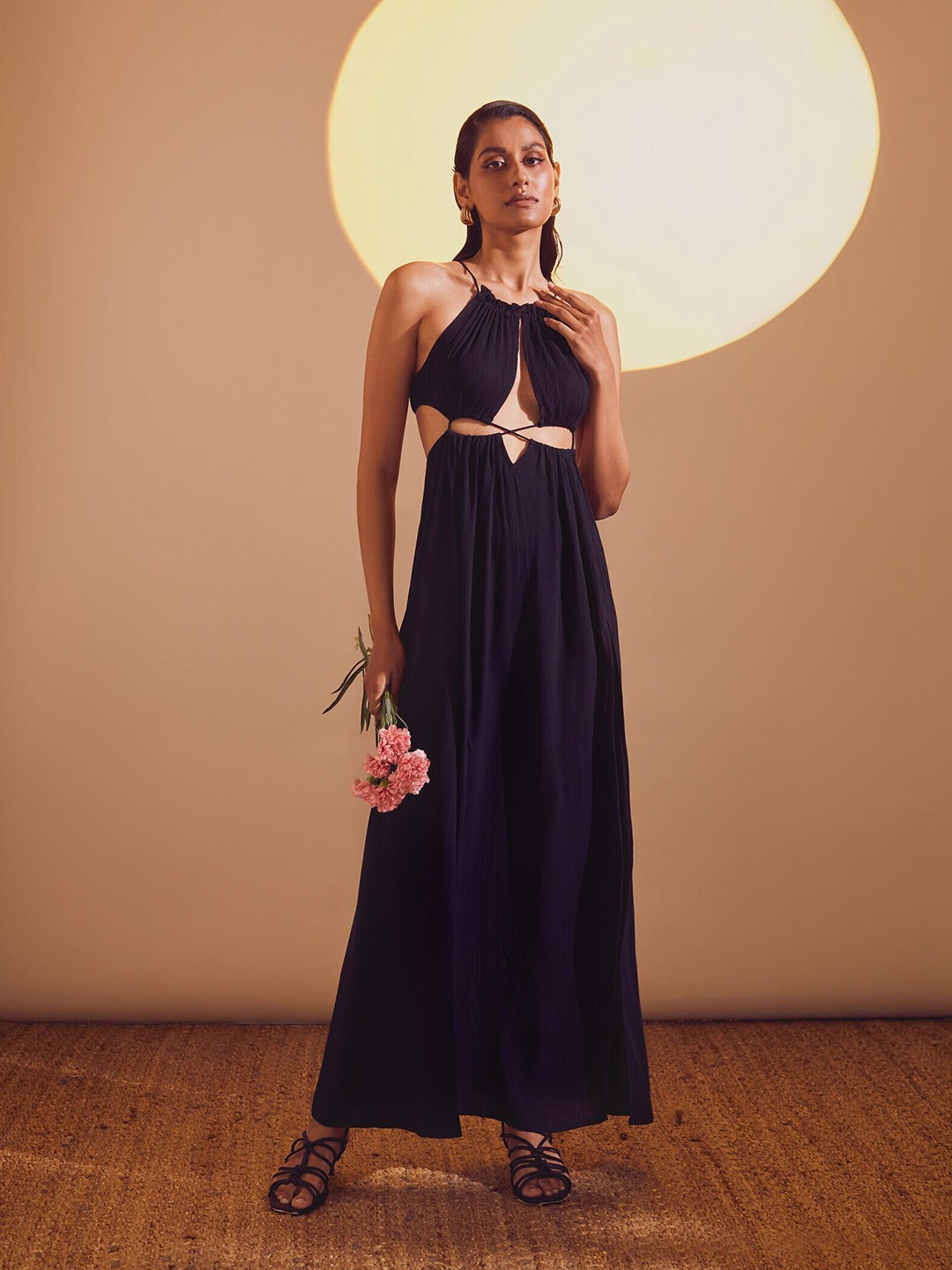 

THE CLOTHING FACTORY Black Halter Neck Tie-Up Long Slit Maxi Dress