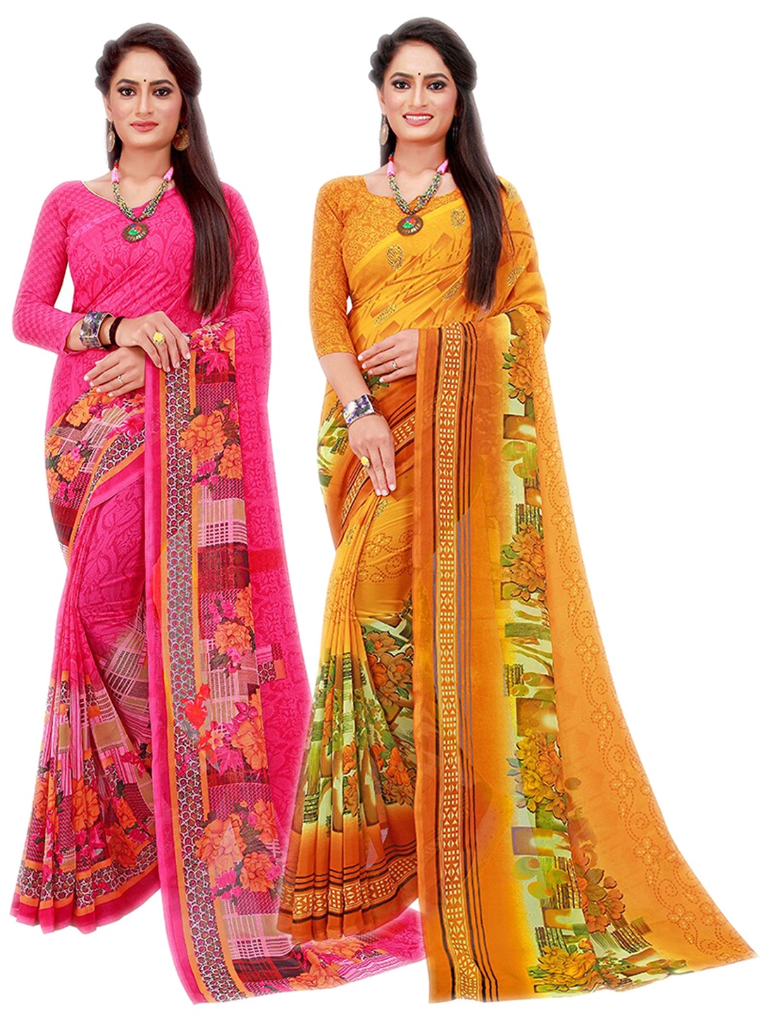 

Florence Pack Of 2 Pink & Yellow Floral Pure Georgette Saree