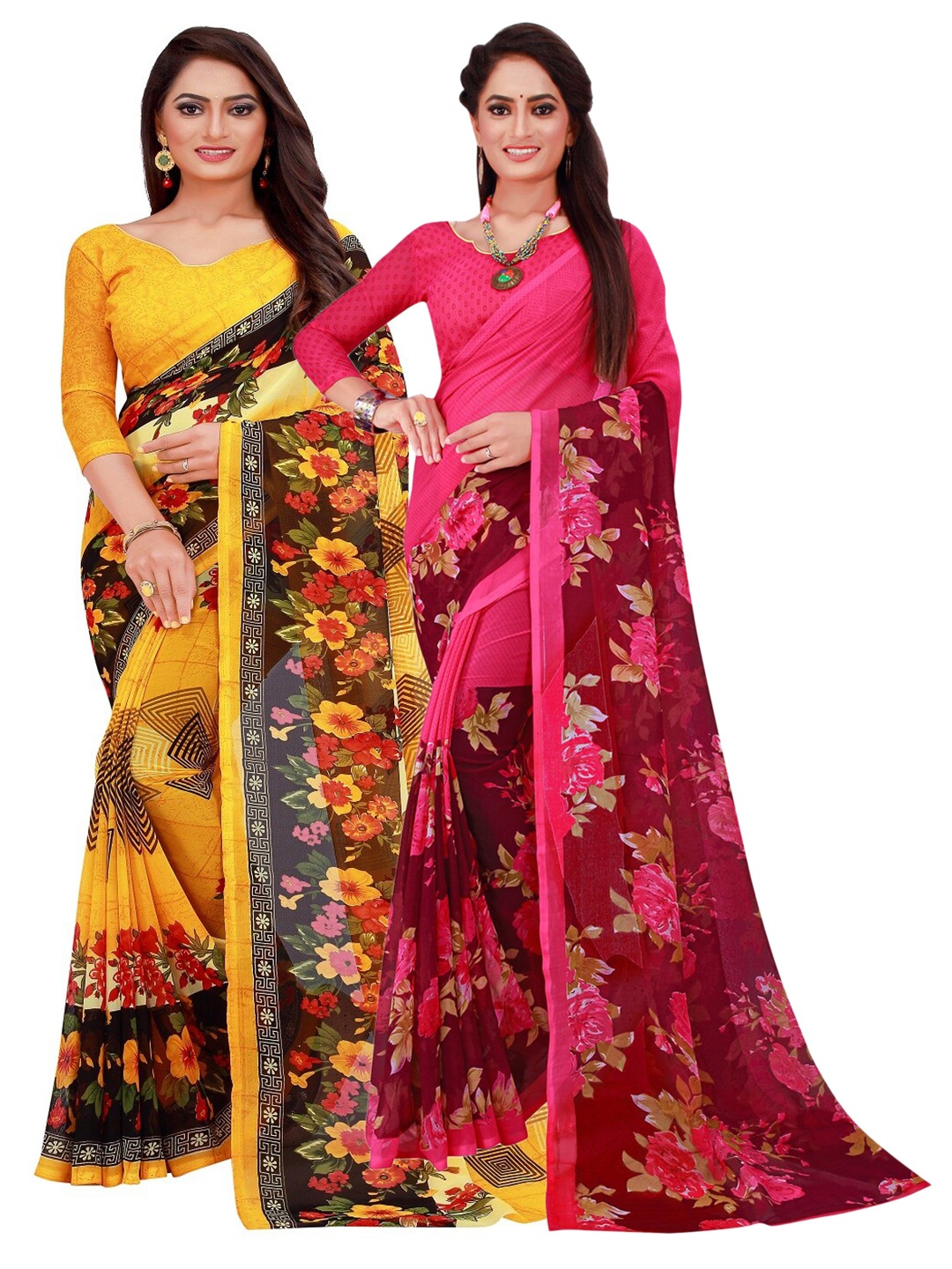

Florence Pack of 2 Pink & Yellow Floral Pure Georgette Sarees