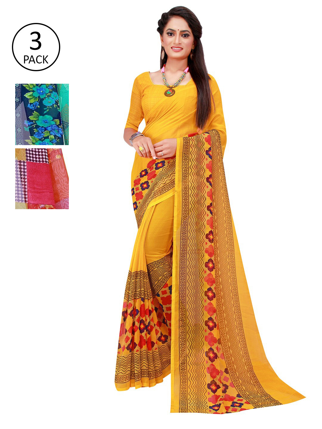 

Florence Pack of 3 Printed Pure Georgette Sarees, Yellow