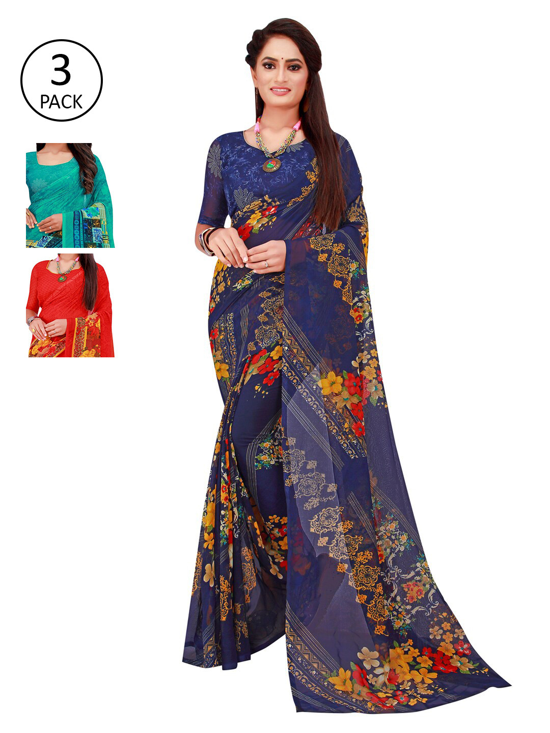 

Florence Pack Of 3 Floral Pure Georgette Saree, Red