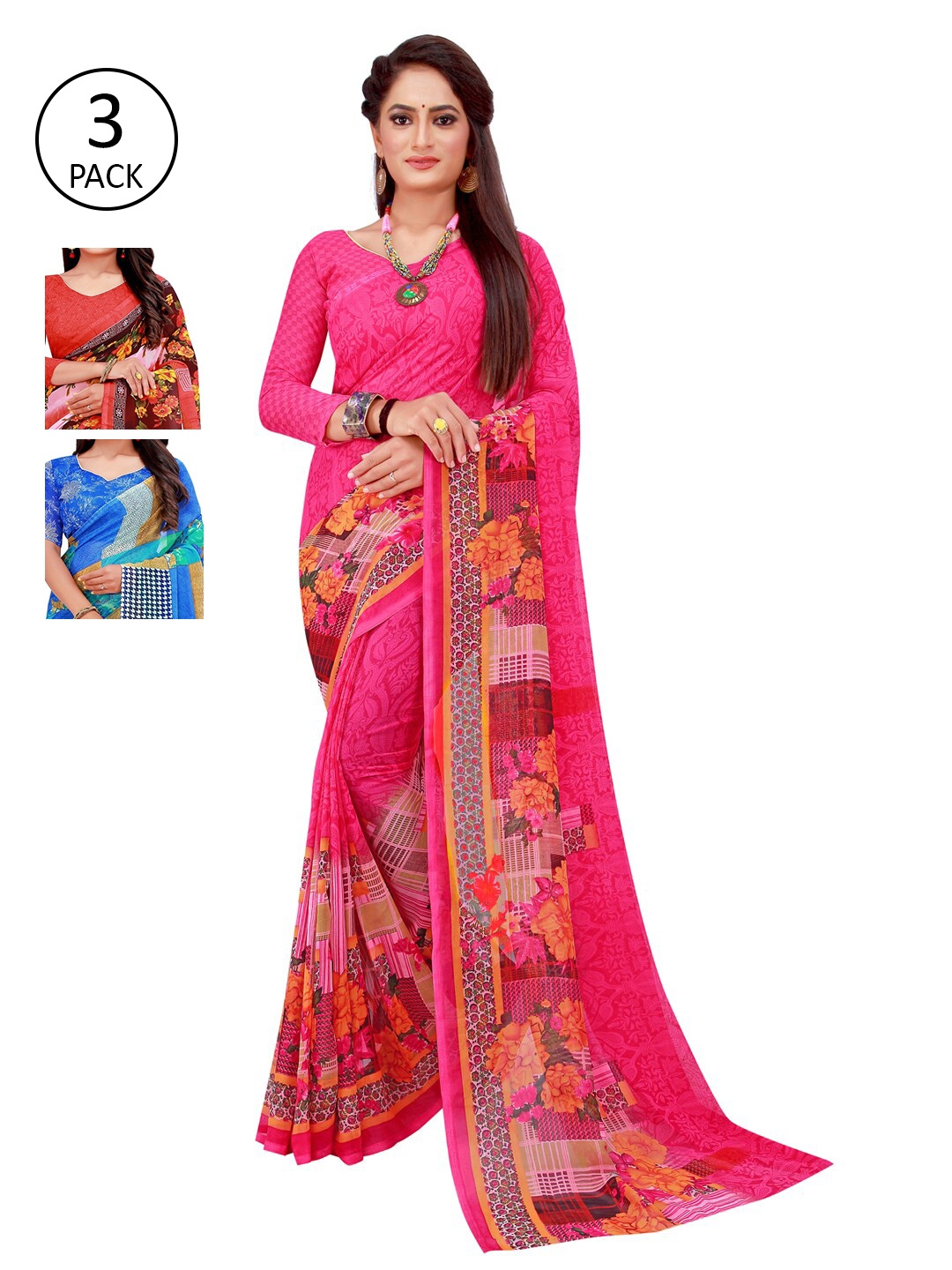 

Florence Red & Pink Printed Pure Georgette Saree With Unstitched Blouse Pack Of 3