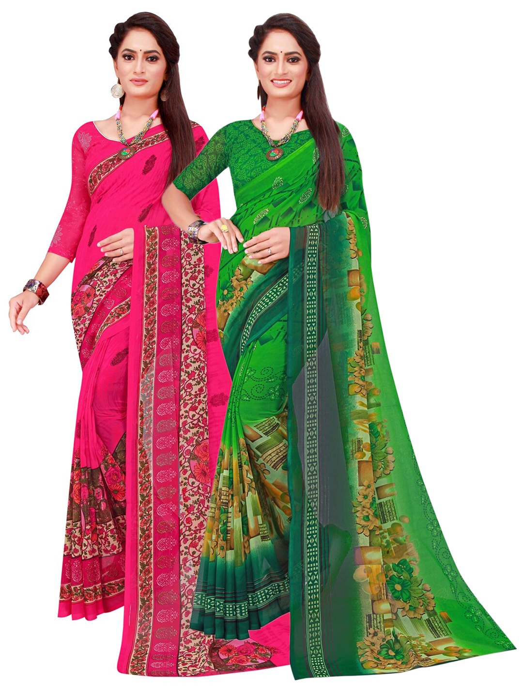 

Florence Pack of 2 Green & Pink Floral Pure Georgette Saree