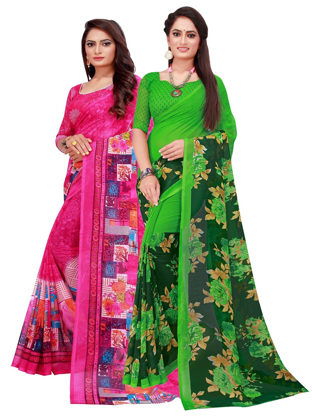 

Florence Pack Of 2 Green & Pink Floral Pure Georgette Saree