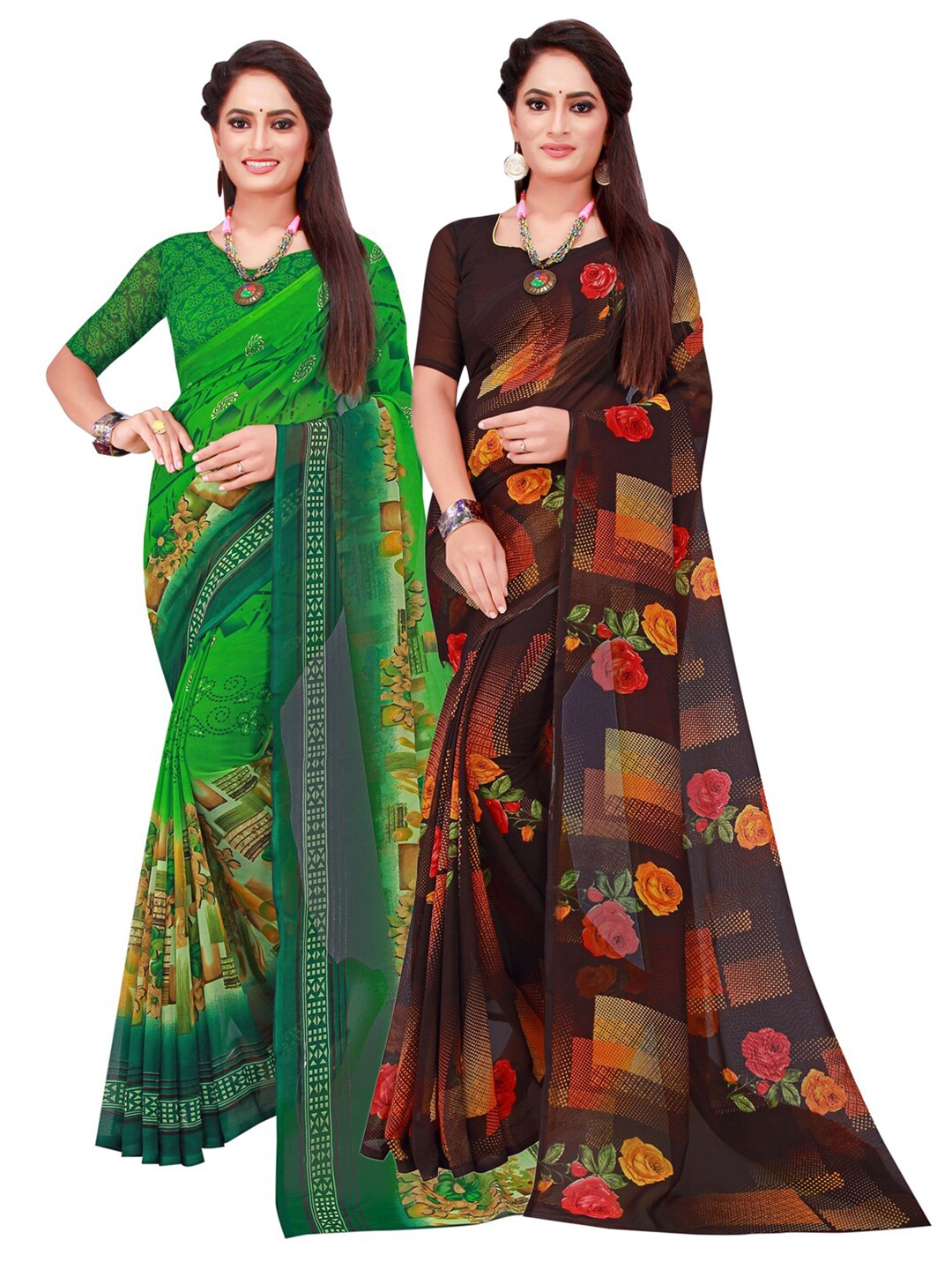 

Florence Pack Of 2 Green & Brown Floral Pure Georgette Saree