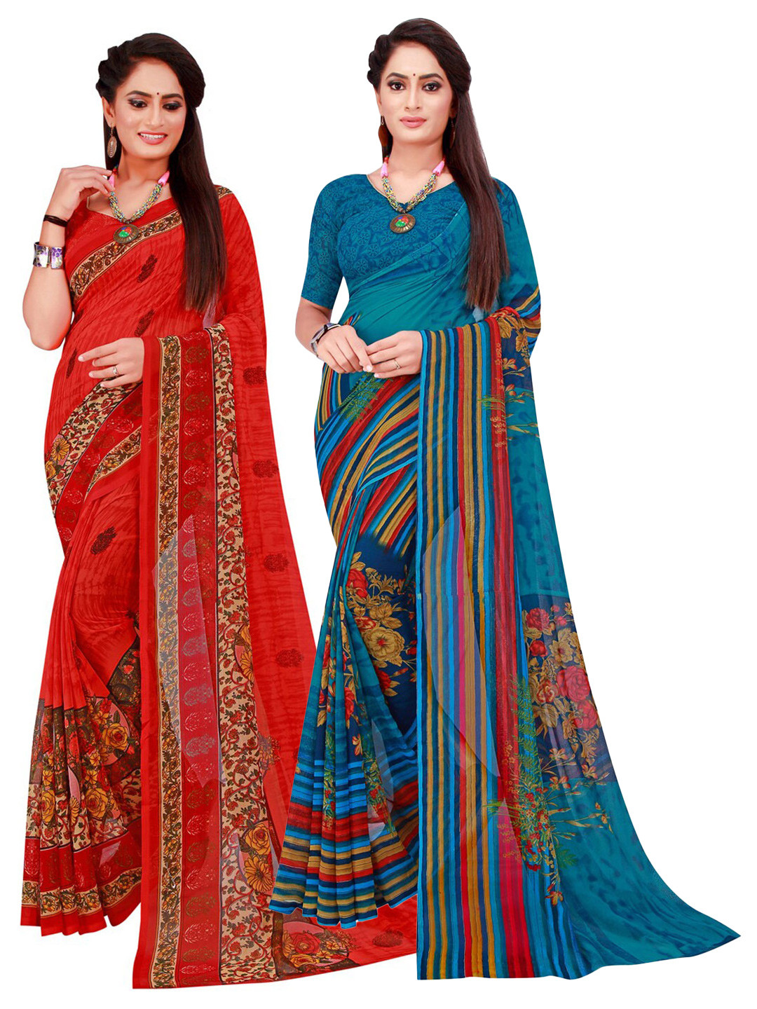 

Florence Red & Blue Printed Pure Georgette Saree With Unstitched Blouse Pack Of 2
