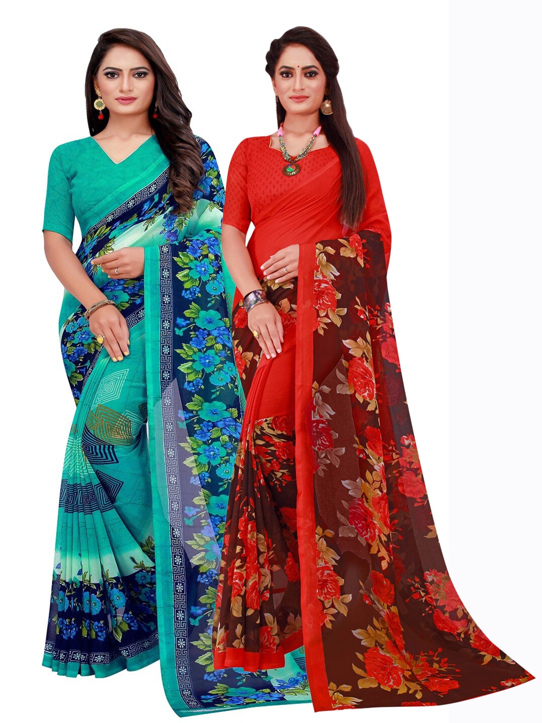 

Florence Pack of 2 Blue & Red Floral Pure Georgette Saree