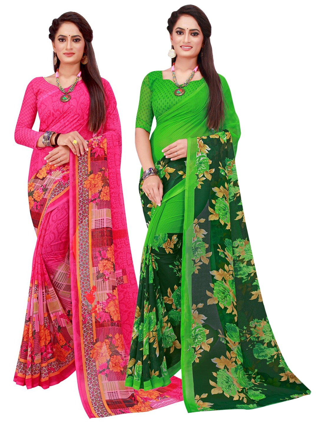 

Florence Pack of 2 Pink & Green Floral Pure Georgette Saree