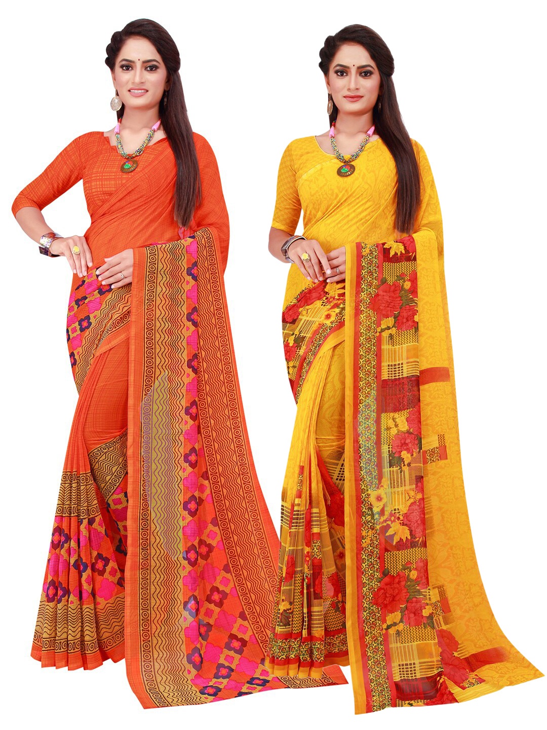 

Florence Orange & Yellow Printed Pure Georgette Saree With Unstitched Blouse Pack Of 2