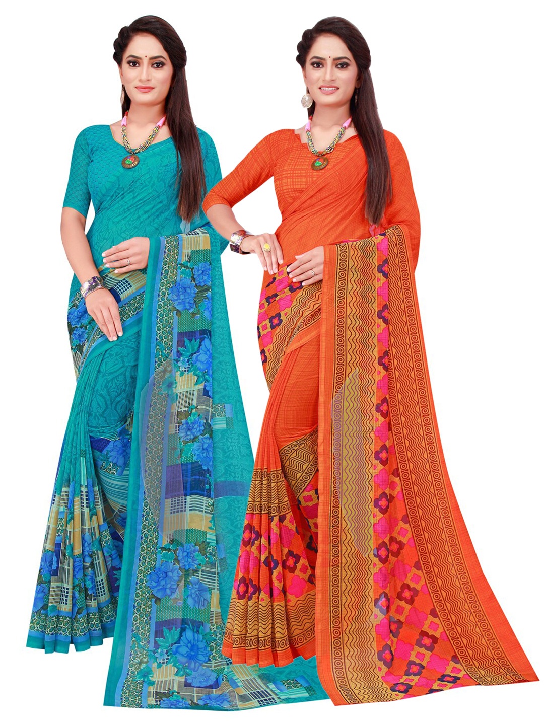 

Florence Blue & Orange Set Of 2 Floral Printed Pure Georgette Saree