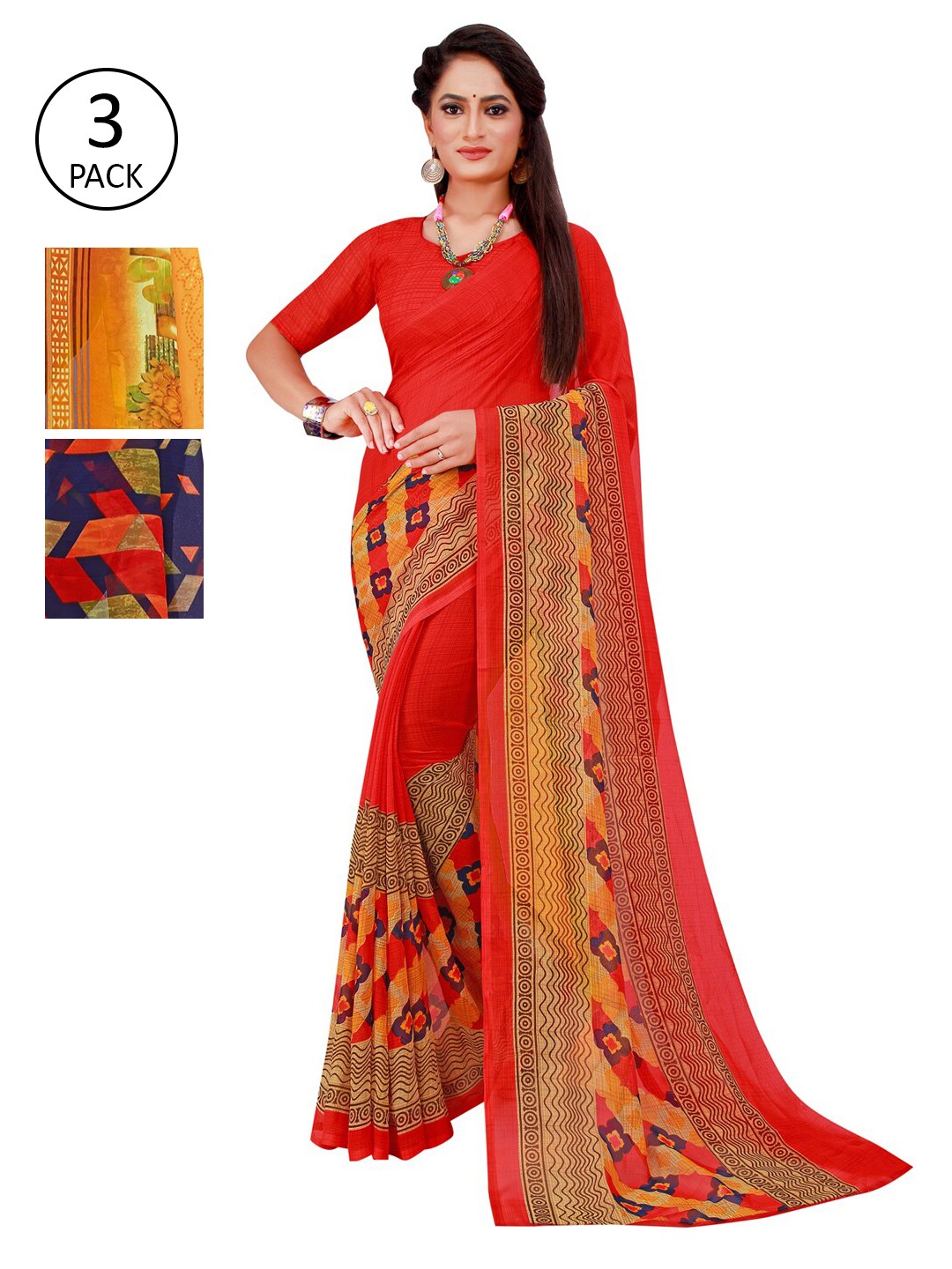 

Florence Pack of 3 Printed Pure Georgette Sarees, Red
