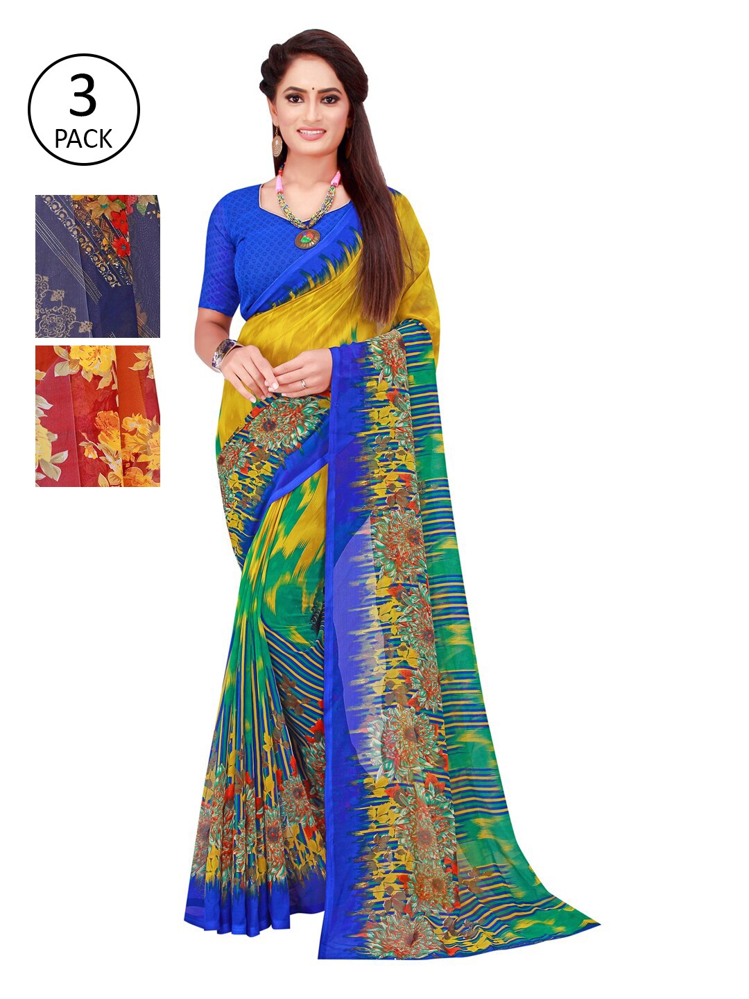 

Florence Blue & Green Set Of 3 Floral Pure Georgette Saree