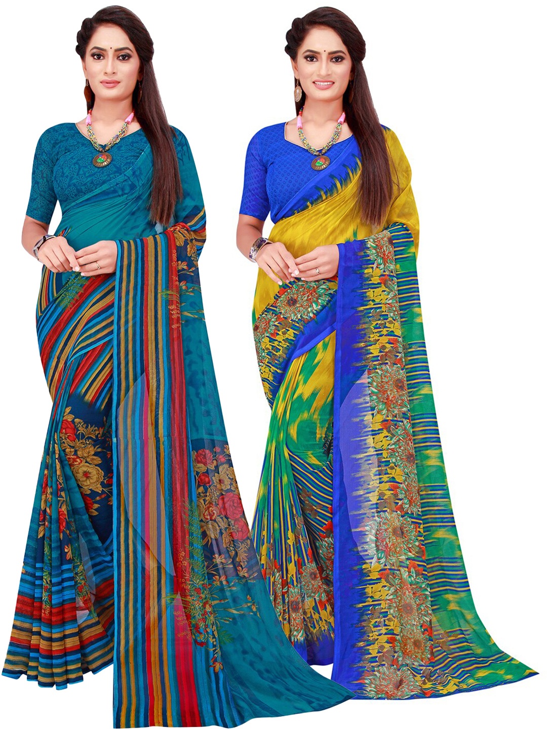 

Florence Pack of 2 Blue & Yellow Floral Pure Georgette Saree