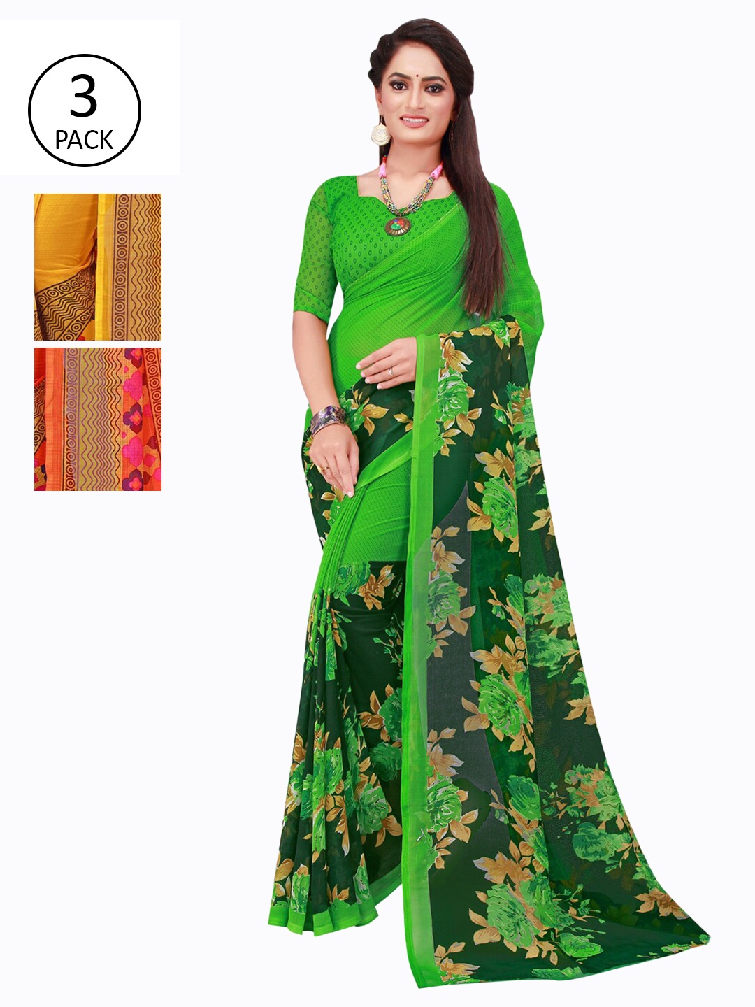 

Florence Pack of 3 Printed Pure Georgette Sarees, Green