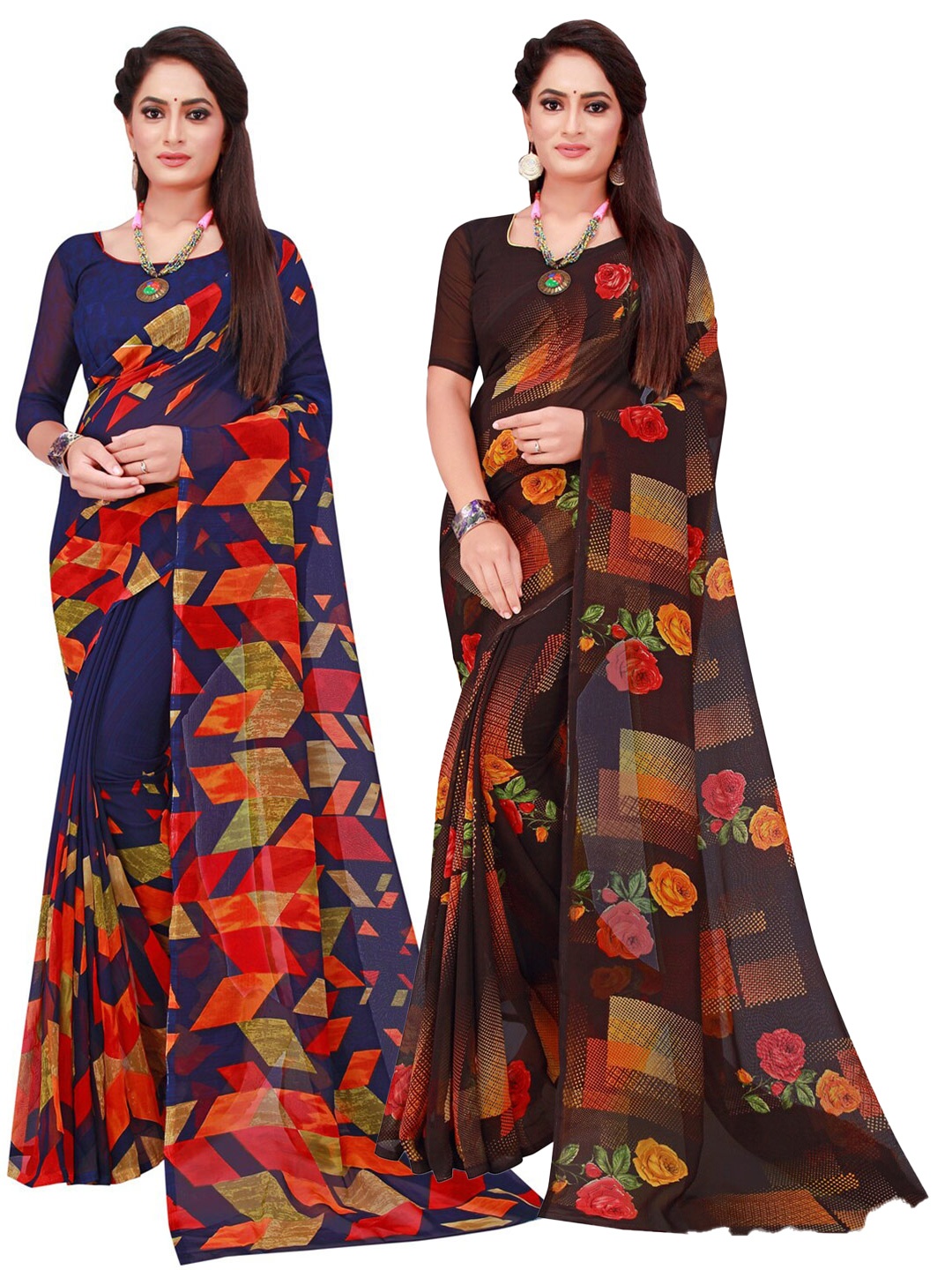 

Florence Pack of 2 Printed Pure Georgette Sarees, Navy blue